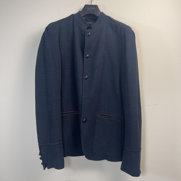 John Varvatos Other - John Varvatos Sport Coat Mens 38 Black Tweed Band Collar Piped Trim Military